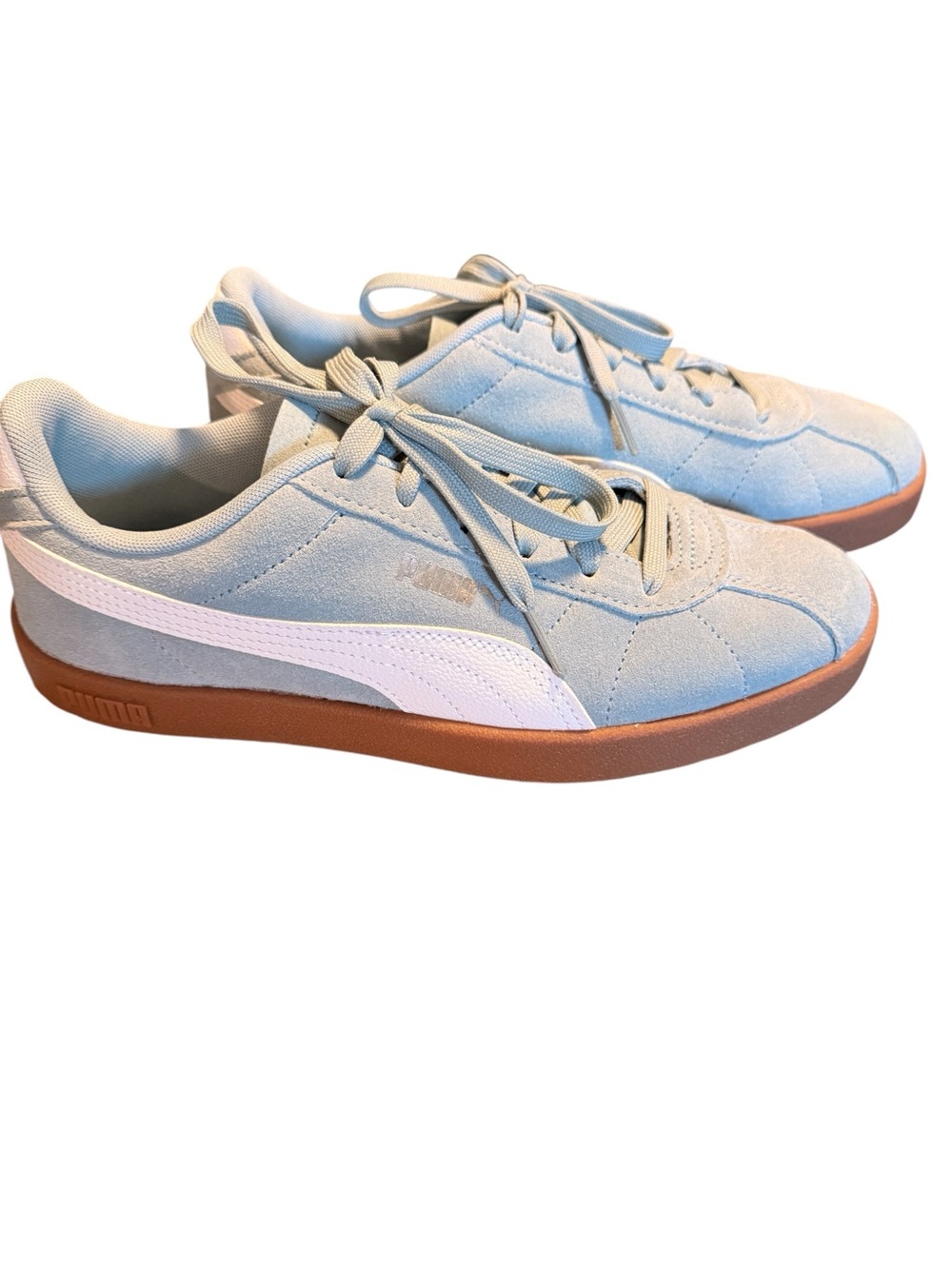 Puma Light Blue Suede Sneakers with White Formstrip and Brown Sole
